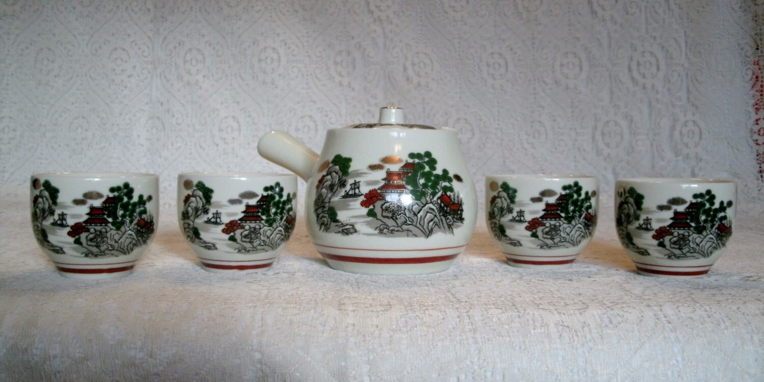 Vintage Japanese Teapot With Four Cups, housewares home decor