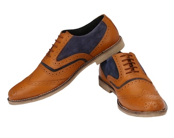 Mens Oxford Wingtip Tan/Blue Brogues | Jacksin Shoes