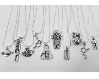 Silver science/nature/anatomy/space/insects/chemistry/Thor/dinosaur pendant necklaces