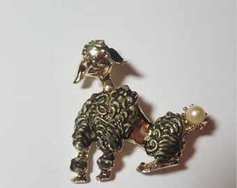 Vintage Poodle dog pin brooch with red Rhinestone eyes