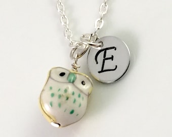 Personalized owl Necklace, Initial necklace, personalized ceramic 3D owl jewelry, Lovely ceramic owl miniature pendant