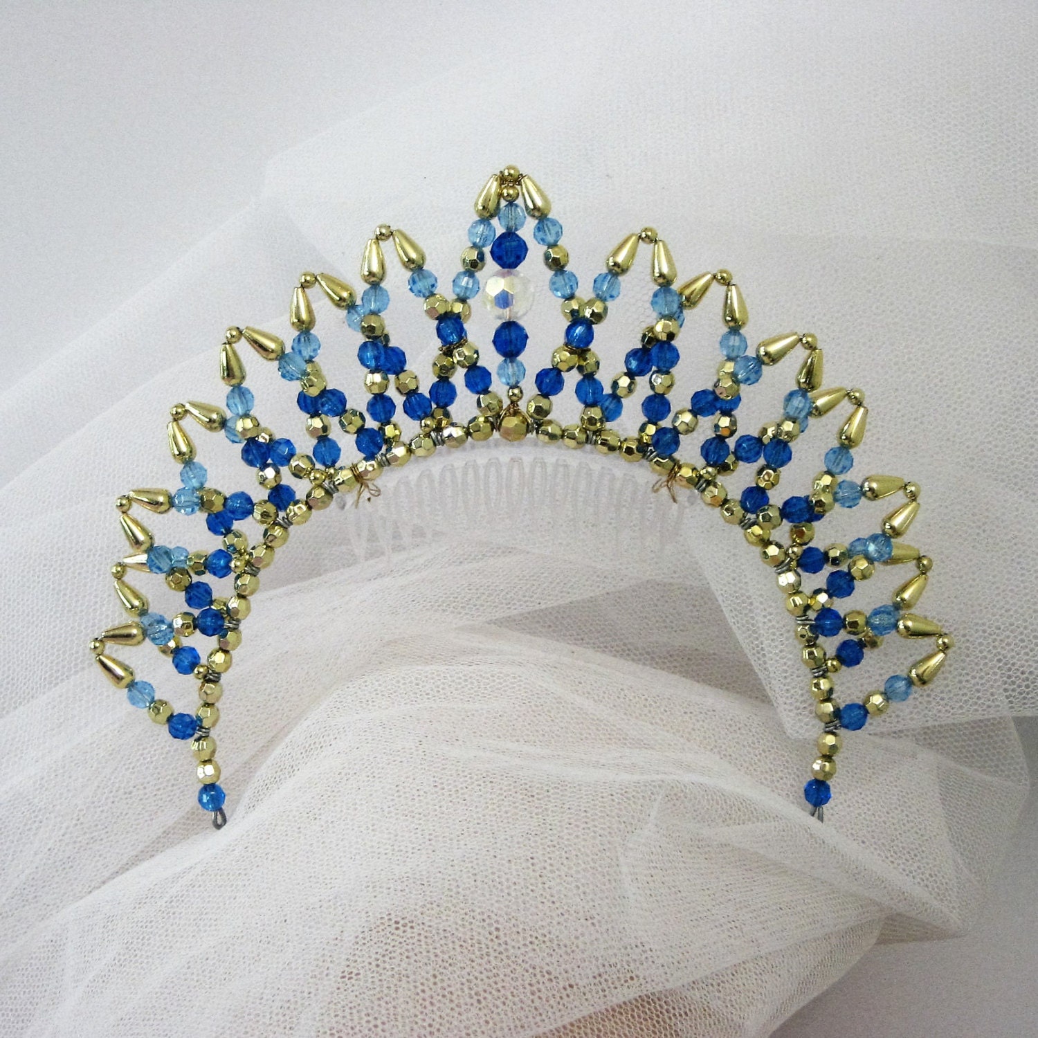 Blue Beaded Tiara Handmade Tiara Gold Tiara by CostumePatternTrim