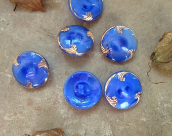 6 old blue moonglow collector / glass buttons - hangemahltes pattern (019)