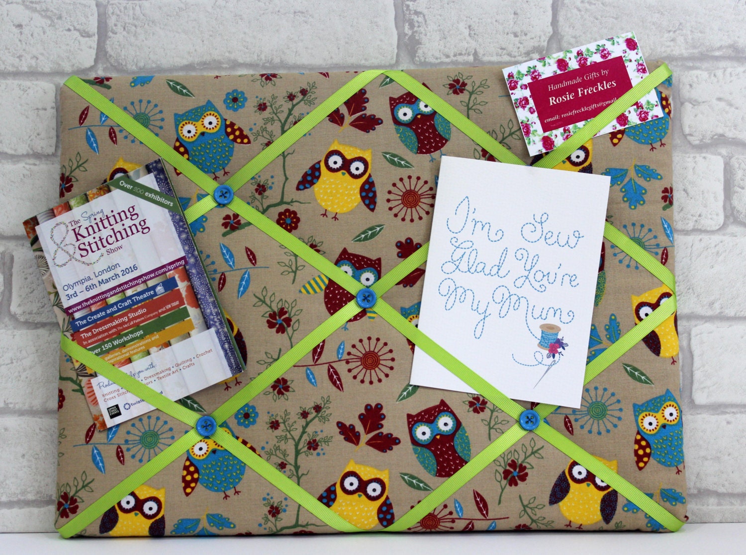 Padded notice board owls fabric cotton green by RosieFreckles