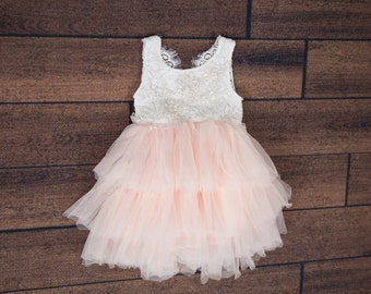 White Lace Infant Flower Girl Dress, Blush Pink Tulle Wedding, White Wedding, Tutu Dress, Boho Chic, Country, Couture, Pearl Bead Detail