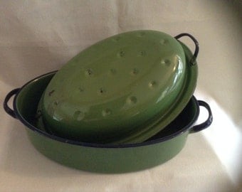 Vintage Covered Green Enamelware Roasting Pan
