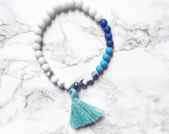 AQUA • minimal, matte cobalt blue bracelet with white marble jade detail | mini prayer mala •