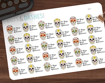 B01- Countdown to halloween, sugar skull countdown, sugar skulls, halloween stickers, planner stickers, halloween, halloween planner sticker