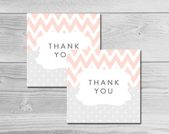 Chevron Peach and Grey Baby Shower - Thank You Tags - Instant Download Printable - Baby Girl