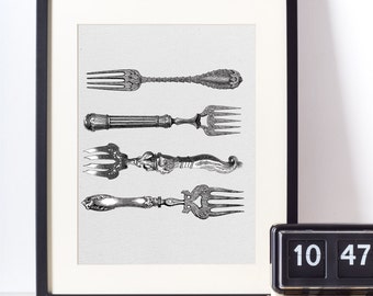 Fork Printable Wall Art, Kitchen Wall Decor, Silverware Print, Forks Print, Kitchen Art, Vintage Kitchen Wall Art, Utensils Print