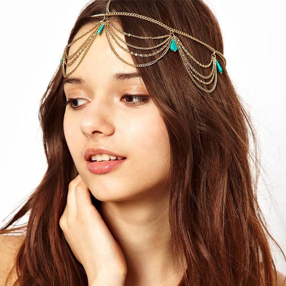 Gold head chain Gold Headdress Turquoise Gold Head by goldierock