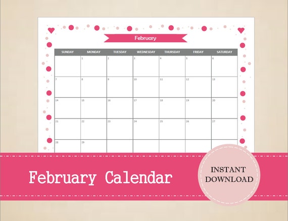 Items Similar To Printable February 2016 Calendar Seasonal Monthly 