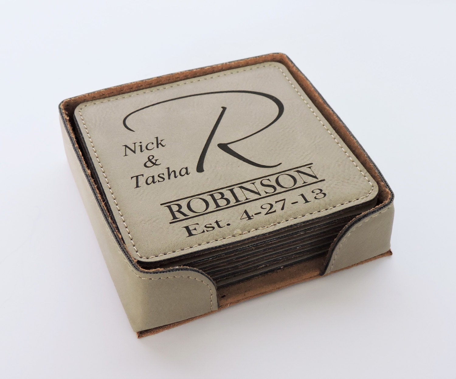 Leather Coasters set of 6 with holder and Personalized laser