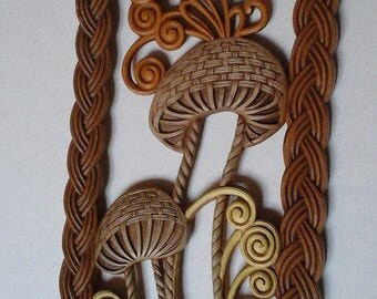 70s Mushroom Plaque, Burwood 1979 Mushroom, Butterfly Faux Wicker Wall Hanging Picture