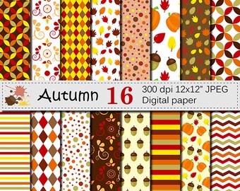 Autumn Digital Paper Set with Pumpkin, Acorn and Leaves, Fall Digital Scrapbooking papers, Autumn Patterns, Instant Download