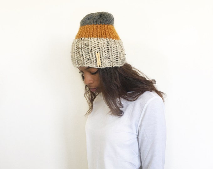 Knit Slouchy 3-Color Beanie Hat //THE LATELY//Oatmeal, Butterscotch, and Gray