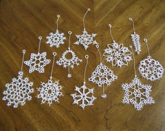 12 Handmade White Tatted Lace Christmas Ornaments