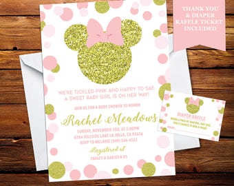 Minnie Inspired Baby Shower Invite Mouse Invitation 5x7 Polka Dot Gold Pink Digital