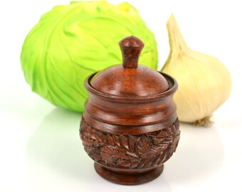 Hand wood carving, wooden carved salt cellar, salt box wooden