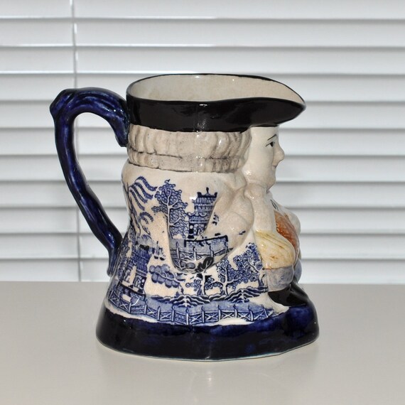 Antique English Pottery Blue Willow Toby Jug Mug