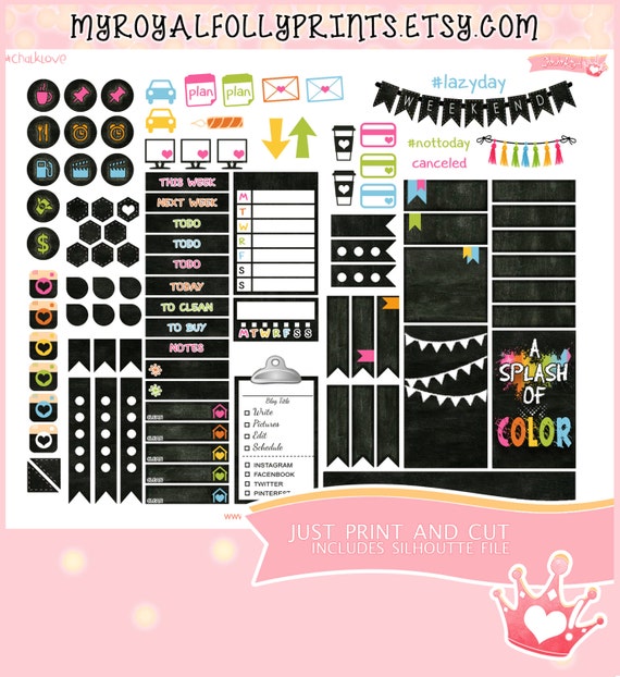 Chalkboard Weekly Kit | Printable Planner Stickers | Happy Planner | Instant Digital Download with Silhouette file