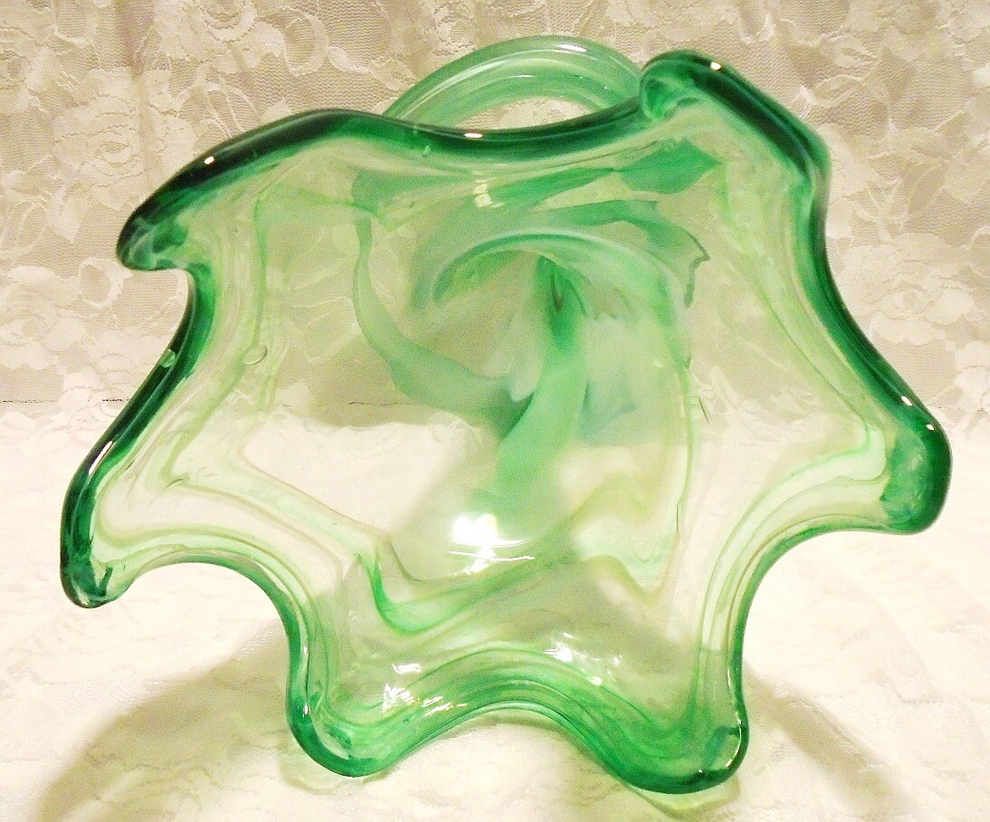 Art Deco Art Glass Green Swirl Stretch Trumpet Vase Vintage
