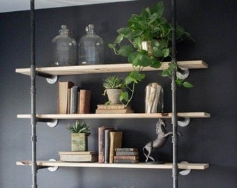 Black Pipe Bookshelf, Open Bookshelf, Wall/Ceiling Mounted Bookshelf, Parts Kit "DIY" Project, Easy to Assemble, 4 Shelves & 60" Tall