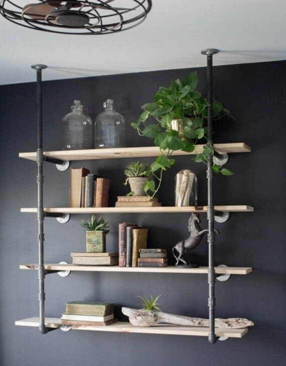 Black Pipe Bookshelf Open Bookshelf Wall/Ceiling Mounted