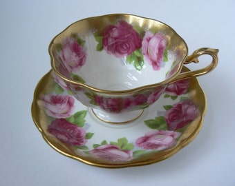 Vintage Royal Albert Roses Heavily Gilt Teacup and Saucer Bone China England