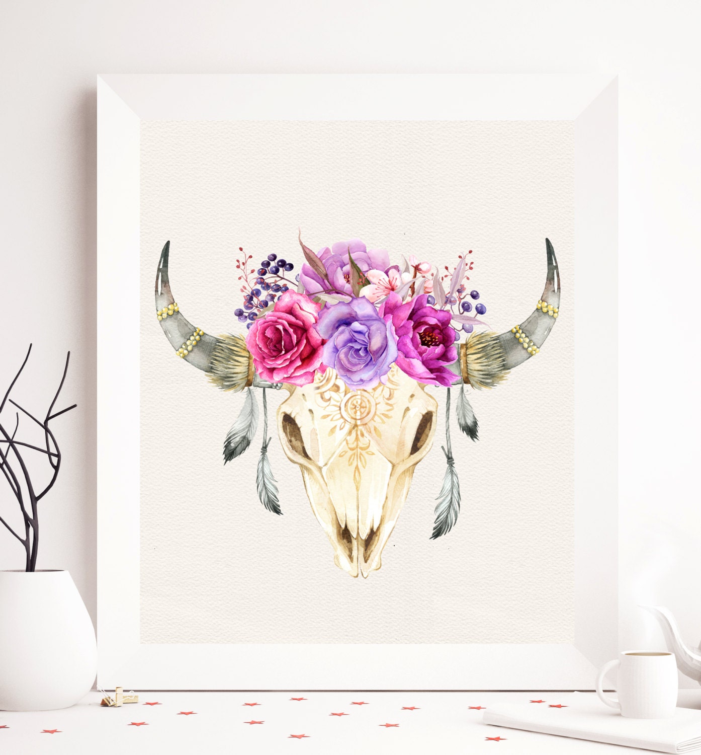 Bull skull Floral Printable boho cow skull by SoulPrintables