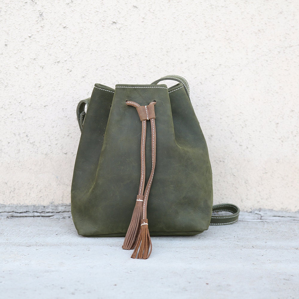 Green leather bucket bag women green full grain by OrisDesigns