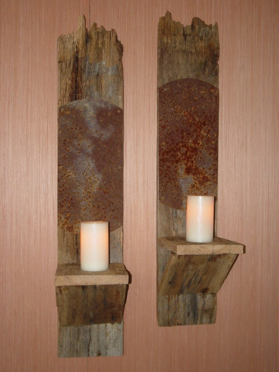 Items similar to Reclaimed Oak Barn Wood Large Wall Sconces with Rusted ...