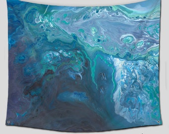 Teal blue gray wall tapestry, Abstract art, Hanging, Aqua turquoise, Contemporary, Decorative, Hippie Boho Tapestries, Bohemian, Outdoor