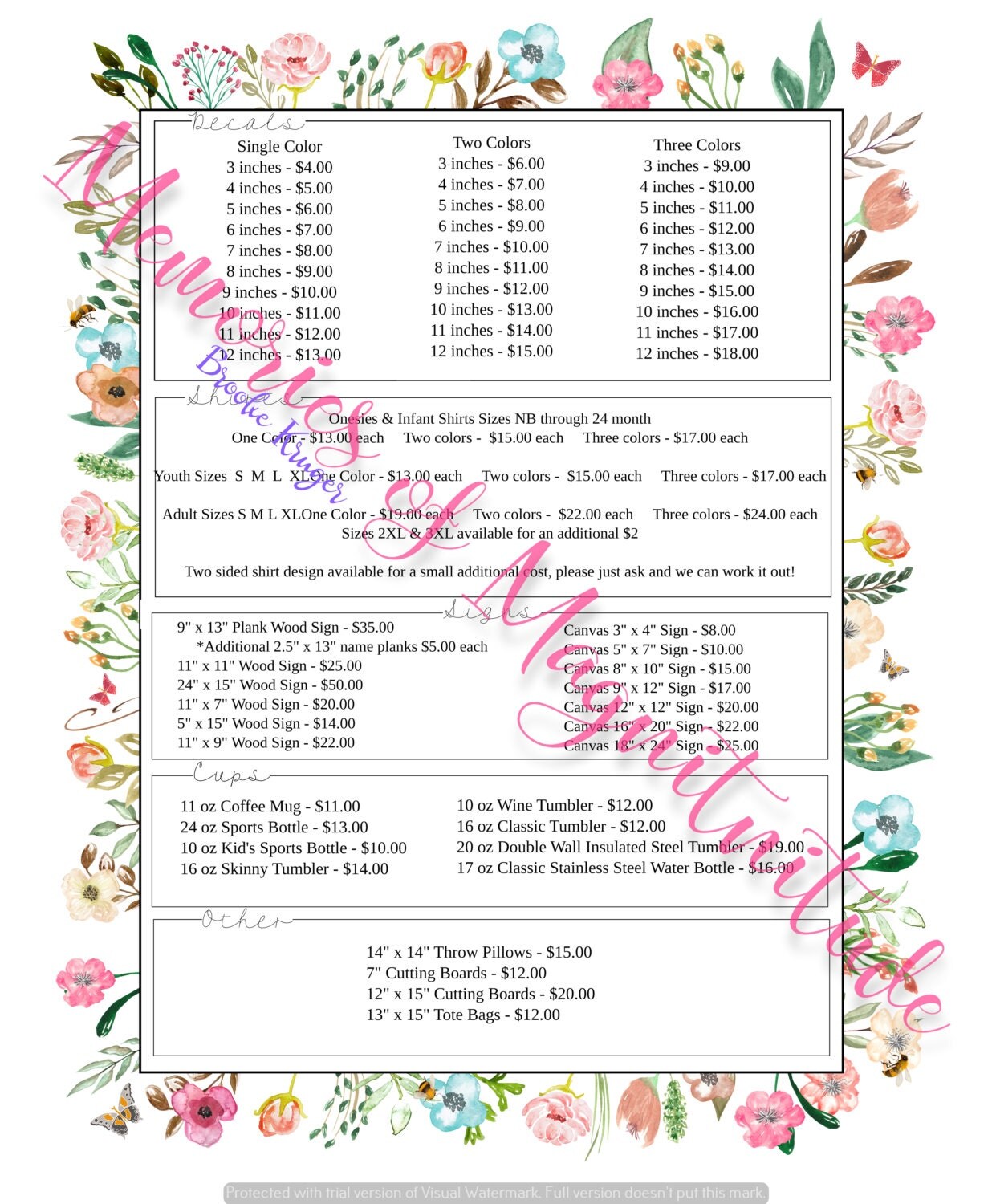 Garden Floral Price Sheet Vinyl Business Digital Download