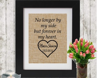 No longer by my side but forever in my heart - Personalized Bereavement Gift on Burlap - Sympathy/Condolence Gift - Loss of a mother/father