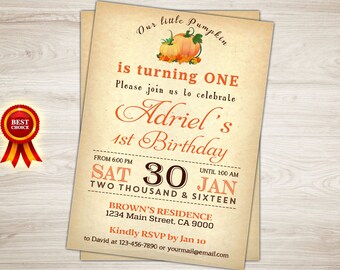 Pumpkin Patch Birthday Invitation - Girl Boy Little Pumpkin First Birthday - Harvest Orange Autumn Halloween Fall Birthday - Printable DIY