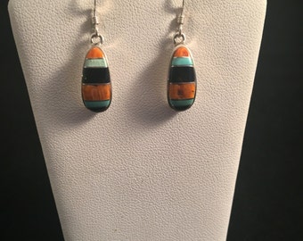 Native American Zuni Multi Stone & Sterling Silver Inlay Dangle Earrings
