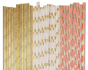 Paper Straw Mix, Blush and Gold Striped Polka Dot Paper Straws, Peach Bridal Shower, Glam 1st Birthday Decoration, Coral Gold Foil Straws