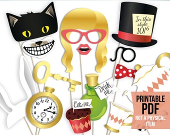 Alice photo booth props: printable PDF. Alice's adventures in Wonderland photo booth props. Alice party printables. Mad Hatter, tea cups
