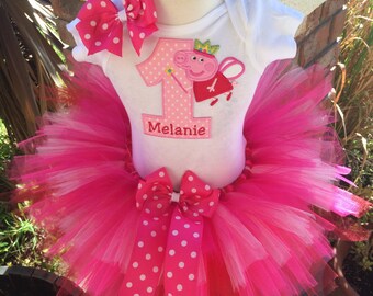 Peppa Pig Birthday Tutu Outfit Dress Set Handmade 1st 2nd 3rd in Red and Pink