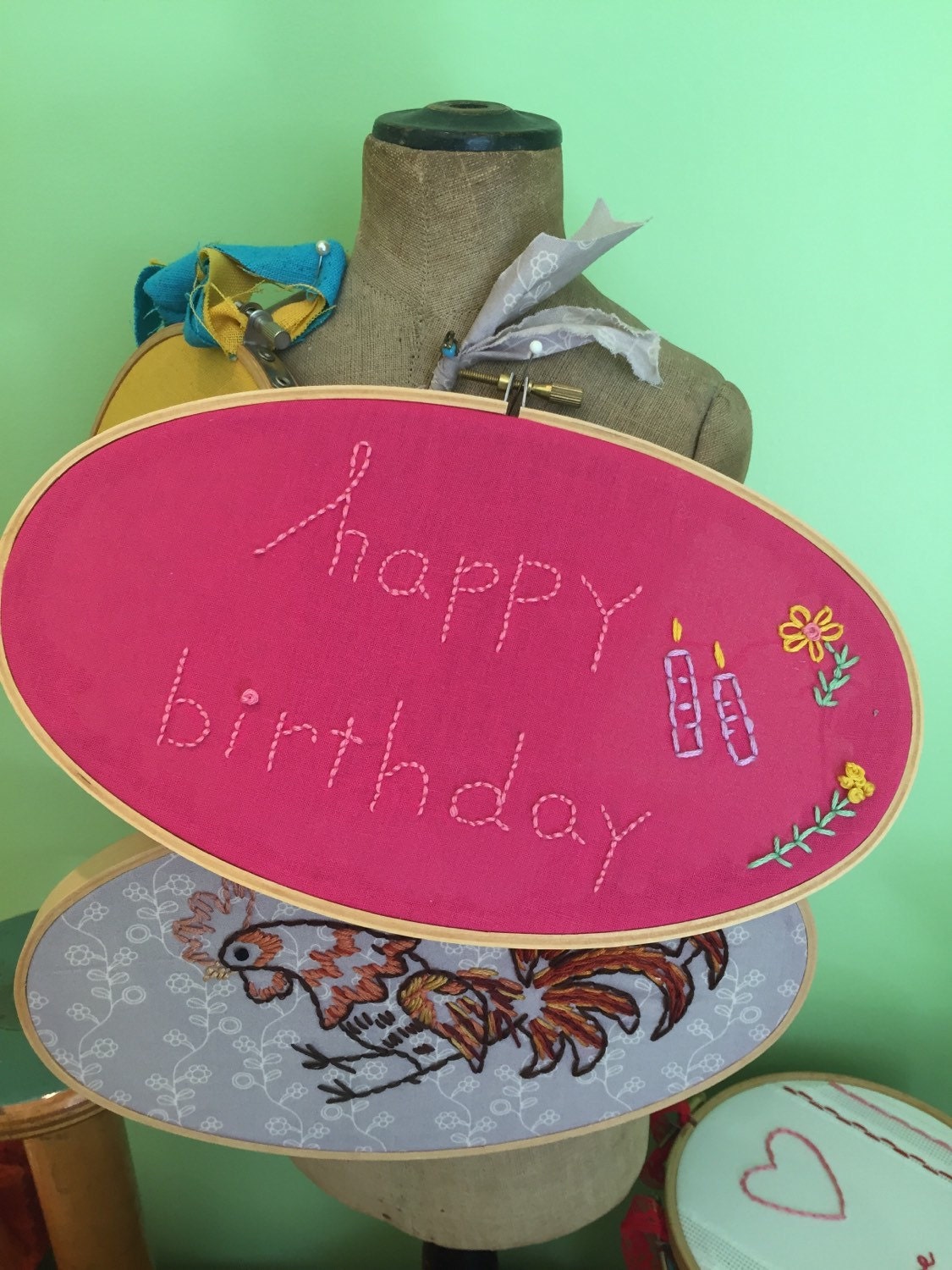 Happy Birthday Embroidery Hoop Art Pink Oval Frame