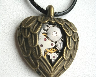 Steampunk jewelry Heart necklace Clockwork Steampunk Industrial Heart Pendant Winged heart Gift Idea Post apocalyptic