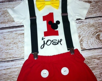Personalized Mickey Mouse Birthday Shirt, Mickey Cake Smash, Mickey Mouse Outfit with Shirt, Shorts, Suspenders, Bow