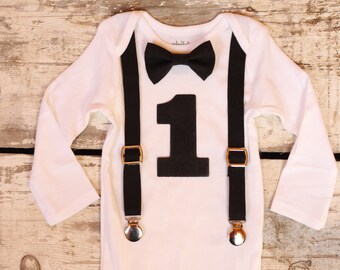 Baby Boy First Birthday Outfit| Baby Boy 1st Birthday Outfit| Smash Cake Outfit| Bowtie and Suspenders| all Black