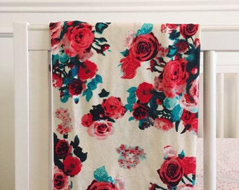 Baby Girl Swaddle Blanket and Bundle Option in Red Cabbage Rose