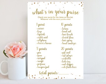 Whats In Your Purse Game, Gold Confetti, Bridal Shower Purse Game, Wedding Shower Game, Gold Bridal Shower Activity Printable BRSG1
