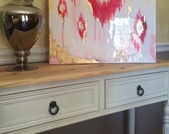 SOLD! Original acrylic Abstract Painting on Canvas with pinks, gold leafing, and Resin coat 16"x 20"
