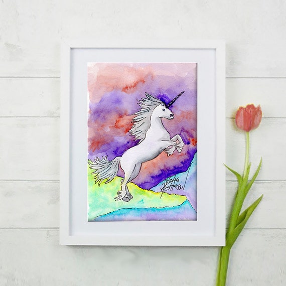 Unicorn Wall Art Fantasy Wall Print by GoldfishWatercolorNY