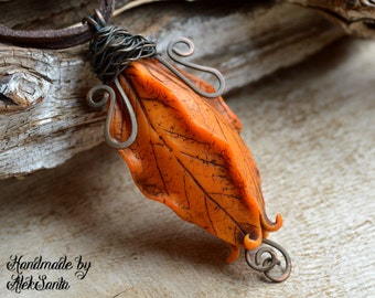 Orange necklace Orange pendant Leaf necklace Leaf pendant Floral necklace Floral pendant Polymer clay jewelry Statement necklace .hba