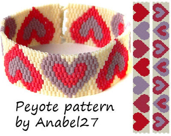 Peyote pattern Hearts peyote cuff two-drop